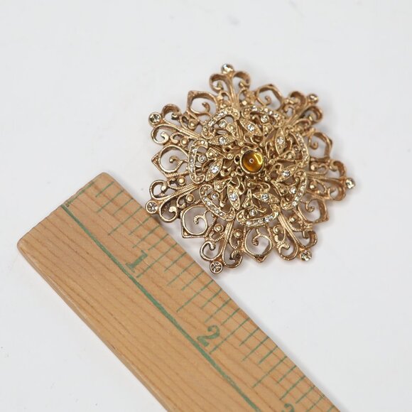 Vintage Gold Tone Starburst Brooch Large Pin Retro Jewelry Clear Amber Stones - Picture 4 of 7